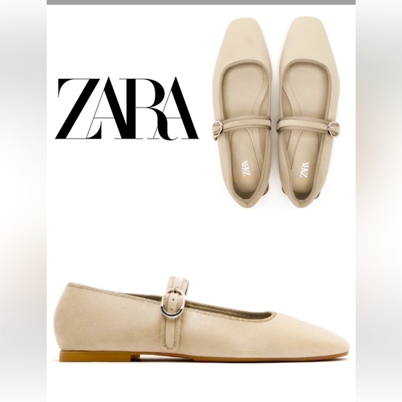 Zara Flat ballet Velvet Mary Jane Shoes Buckled strap comfort Sole Taupe Neutral - Picture 3 of 15